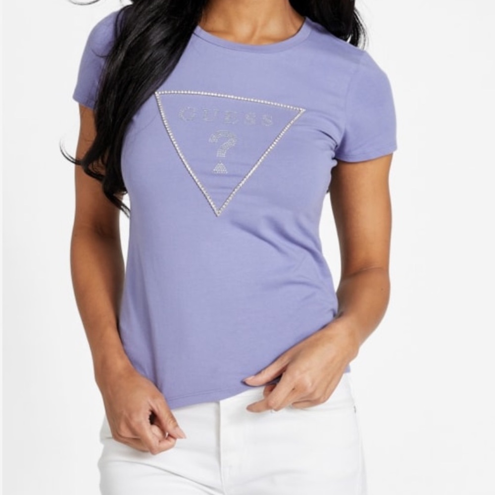 GUESS Carlee Women’s Rhinestone Triangle Logo Tee Purple Size M NWT